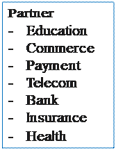 Zone de Texte: Partner
-	Education
-	Commerce
-	Payment
-	Telecom
-	Bank
-	Insurance
-	Health
