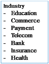 Zone de Texte: Industry
-	Education
-	Commerce
-	Payment
-	Telecom
-	Bank
-	Insurance
-	Health
